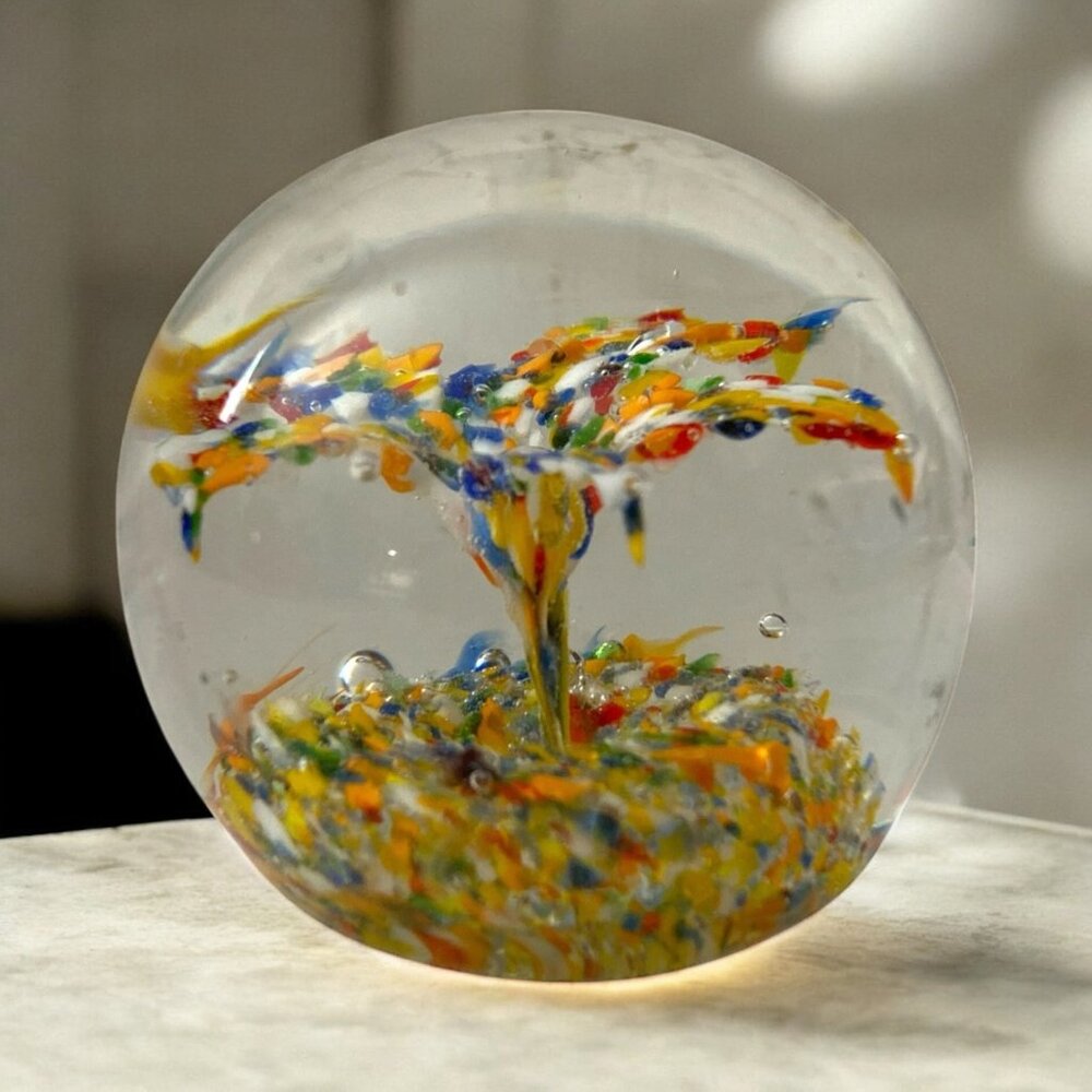 Hand Blown Art Glass Paperweight Tree of Life Orb – Multicolor Millefiori Design